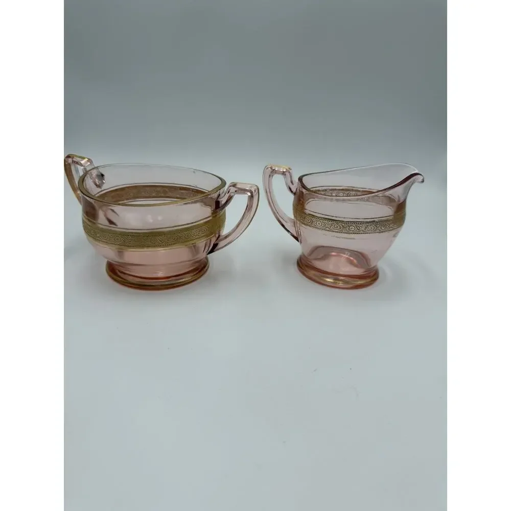 Vintage Pink Depression Glass Art Deco Sugar Bowl and Creamer
